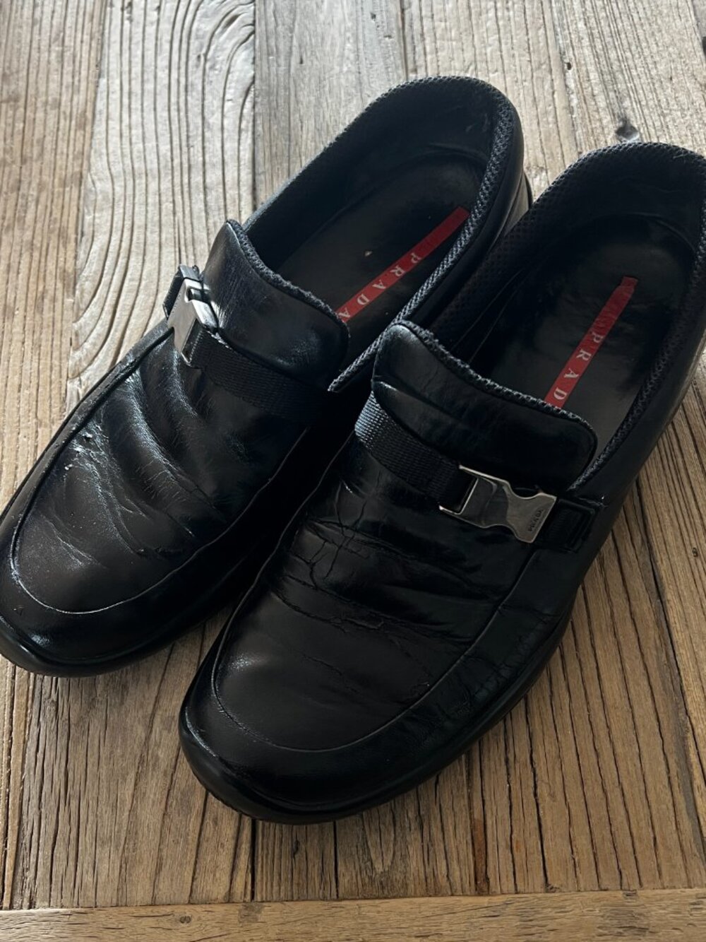 Prada Sport Black Leather Buckle Strap Loafers, Men’s Size 10, Italy